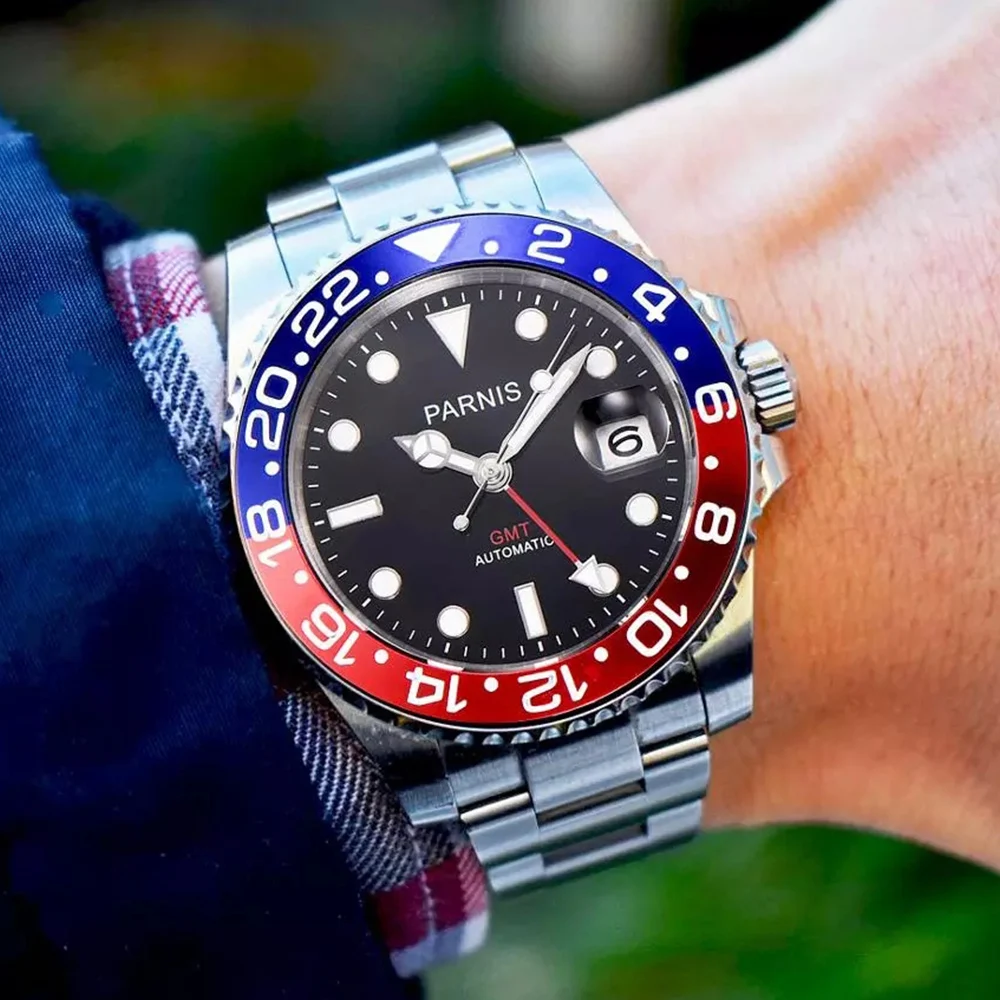 Parnis 40mm Men นาฬิกาข้อมือสแตนเลส GMT นาฬิกากระจกแซฟไฟร์