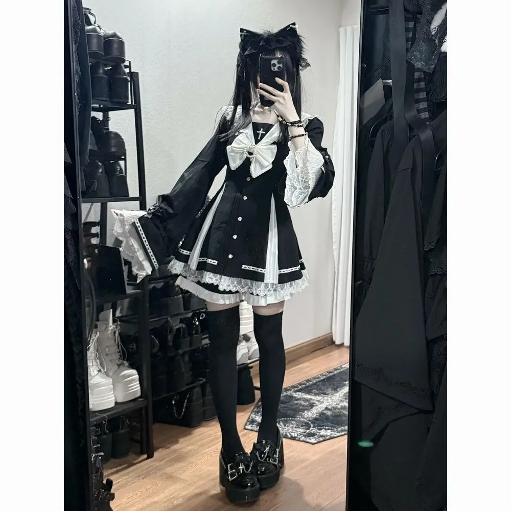 Subculture Japanese Gothic Style Lace Stitching Bow Waist-closing Mini Dress Women Lolita Y2k Dress Shorts Suit