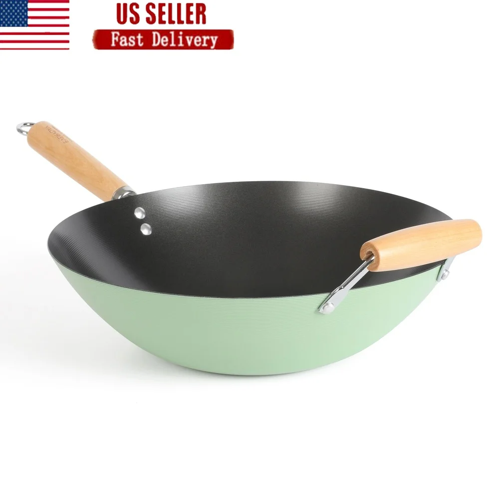 Wok de acero al carbono de 14 pulgadas, antiadherente, alta temperatura, inducción, seguro, fácil de limpiar, duradero, herramienta de cocina esencial