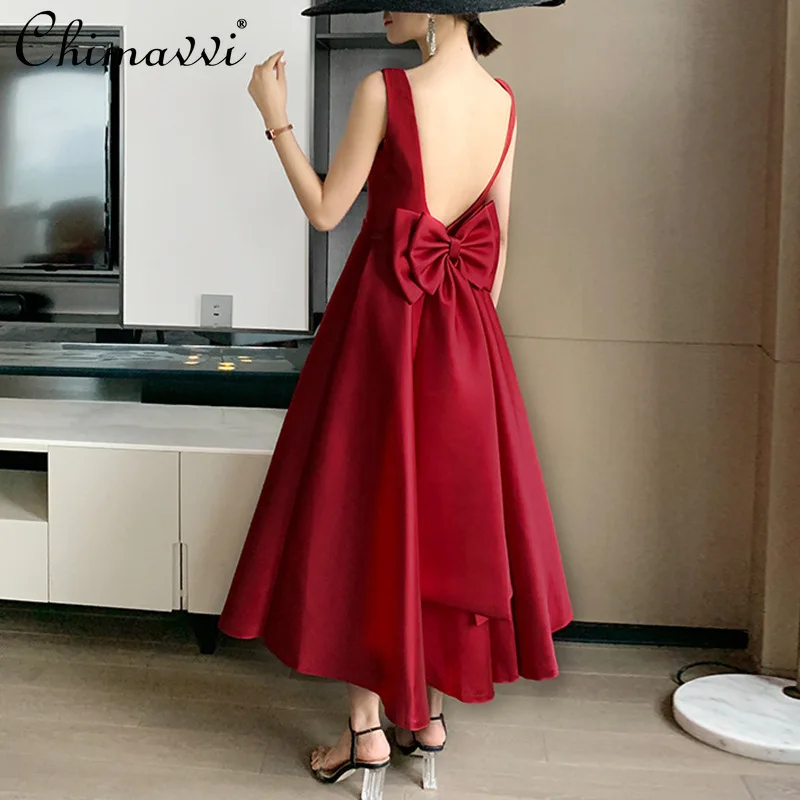 

French Style Elegant Sexy Socialite Long Evening Dresses Backless Bow Tie Sleeveless High-waisted A-line Black Dress for Women