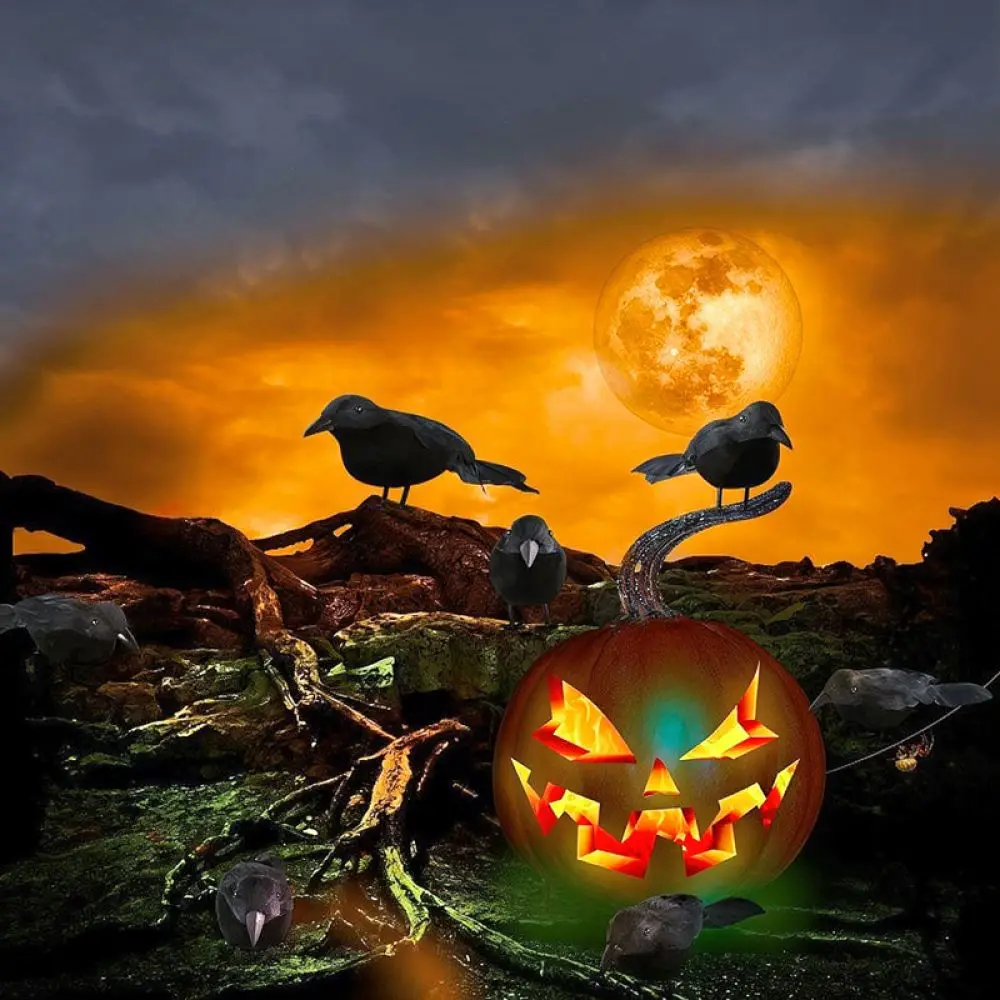 Black Raven Figurine Artificial Flocked Crow Halloween Decoration Realistic Bird Ornament For Theme Party Stage Props