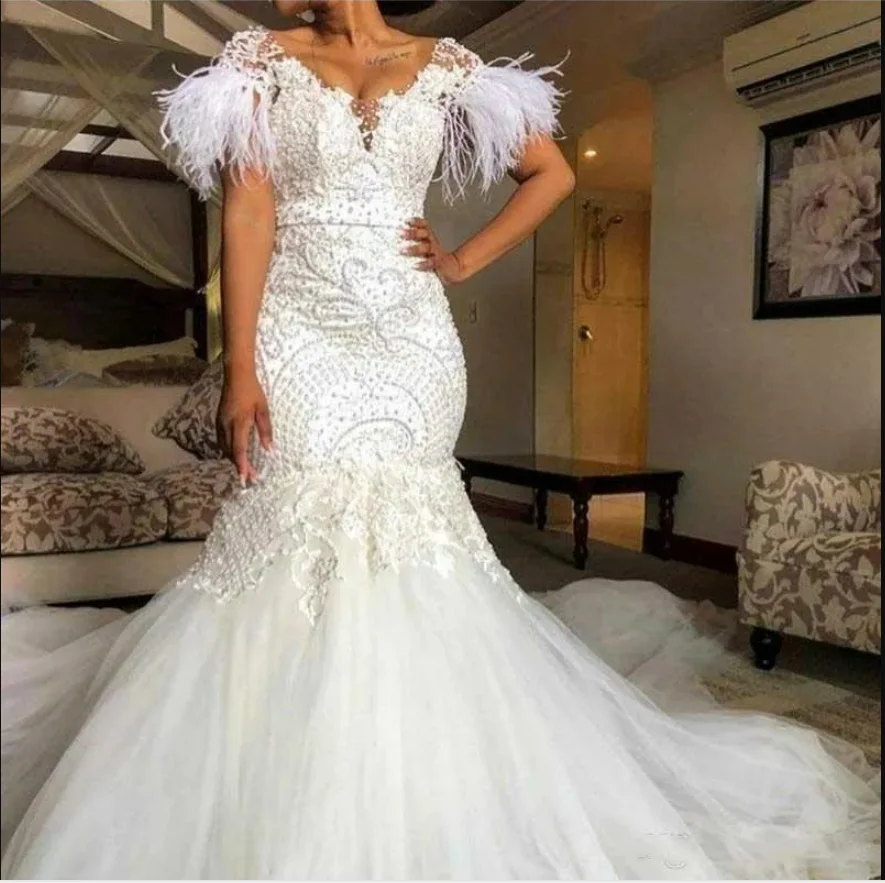 Customized Feather Cap Sleeves Shinny Pearls Beads  Wedding Dress Robe De Mariée Sweep Train Buttons Back   Bridal Gowns