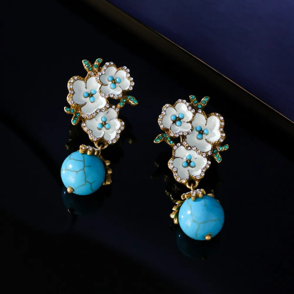 Medieval Flower Symmetrical Earrings, Retro Palace Light Luxury Old Style Artistic High-end Sweet Enamel Blue Turquoise Earrings