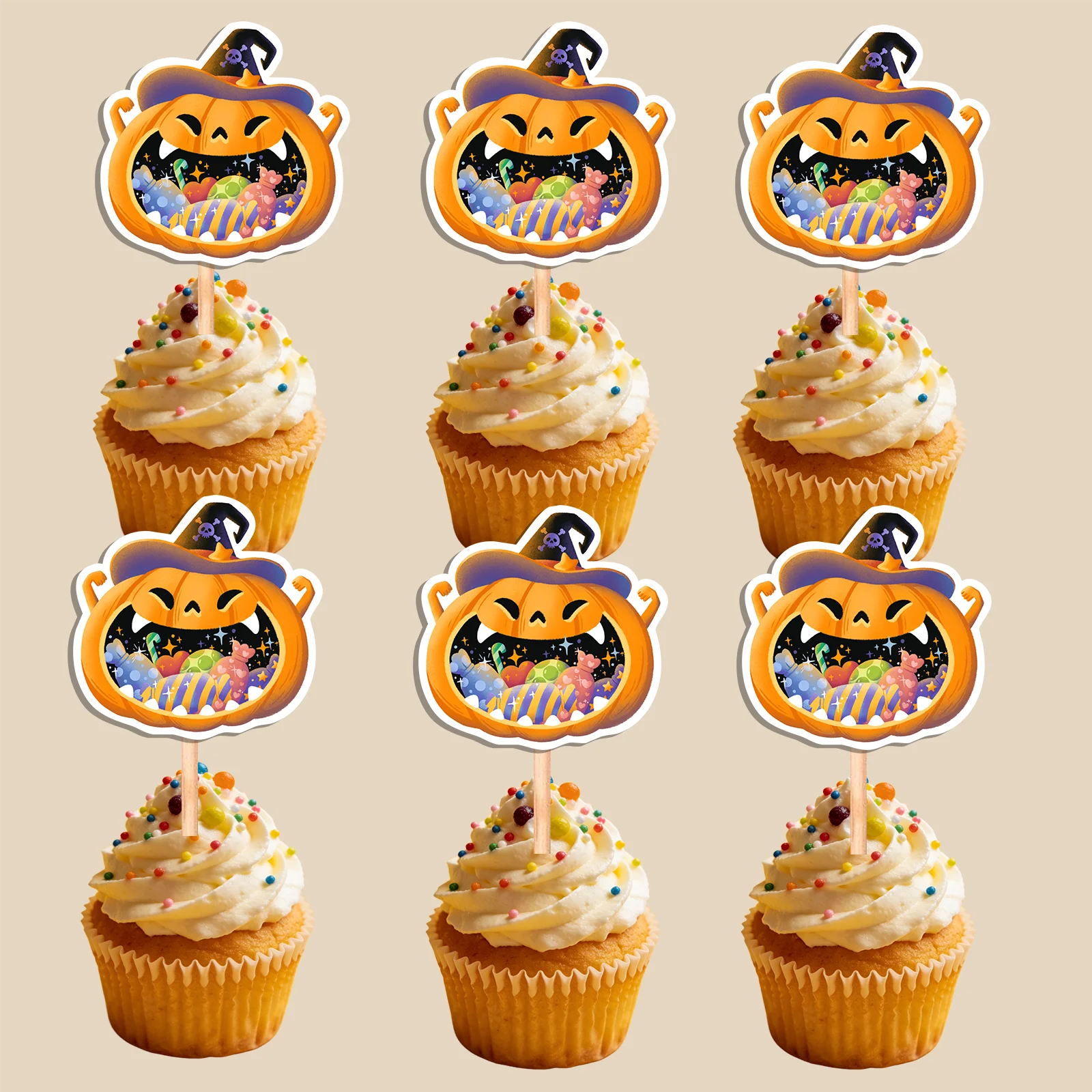 Halloween Pumpkin Cupcake Toppers, Witch Hat Jack O Lantern Cake Picks, Spooky Dessert Decor for Kids Halloween Party view 2