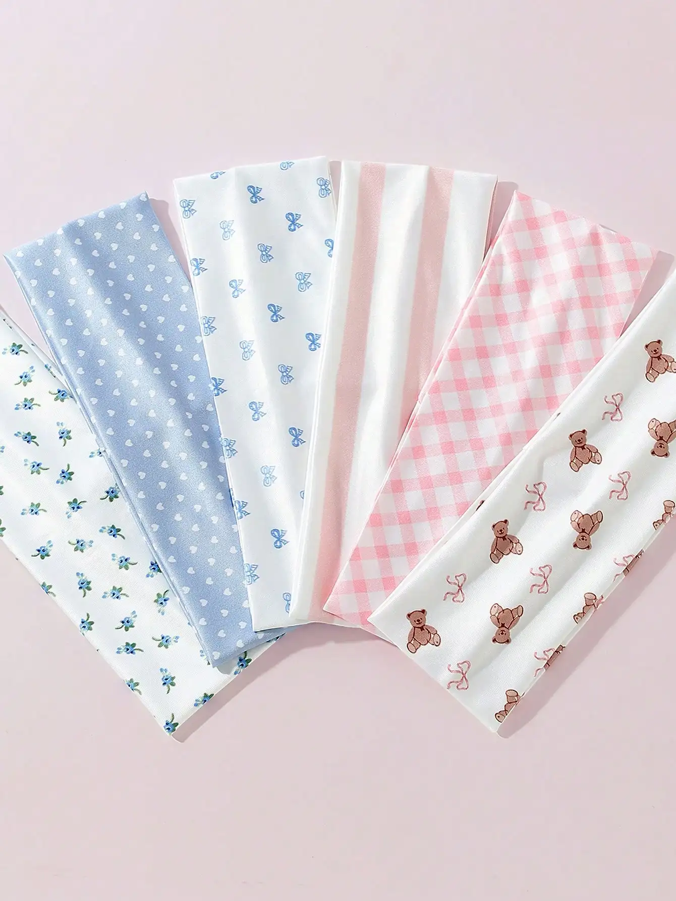 

6 шт. мягких нескользящих повязок на голову для женщин с принтом в виде медведей, полосок, цветов и сердечек, эластичные аксессуары для волос