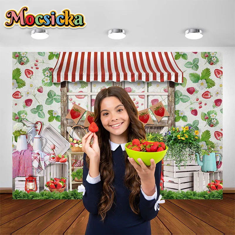 Mocsicka – arrière-plan pour photographie, thème fraise de printemps, décoration de porte en bois, accessoires de Studio Photo pour Portrait d'enfants et adultes