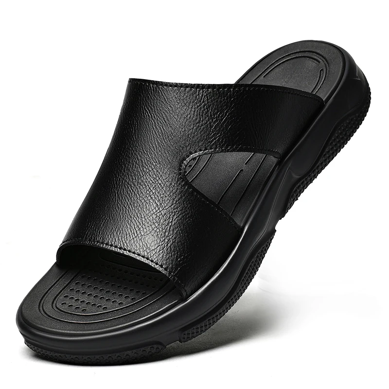 Men's Leather Slide Sandals Non-slip Thick Sole Casual Slippers Summer Outdoor Beach Shoes Breathable Lightweight Footwear