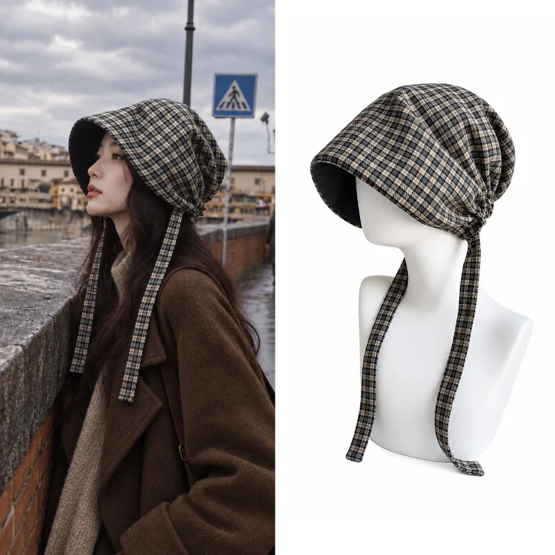 2027 Women Retro Plaid Tie Wrap Hat, Ear Flap Fisherman Beanie, Niche Atmosphere Lace Up Hat Autumn Winter
