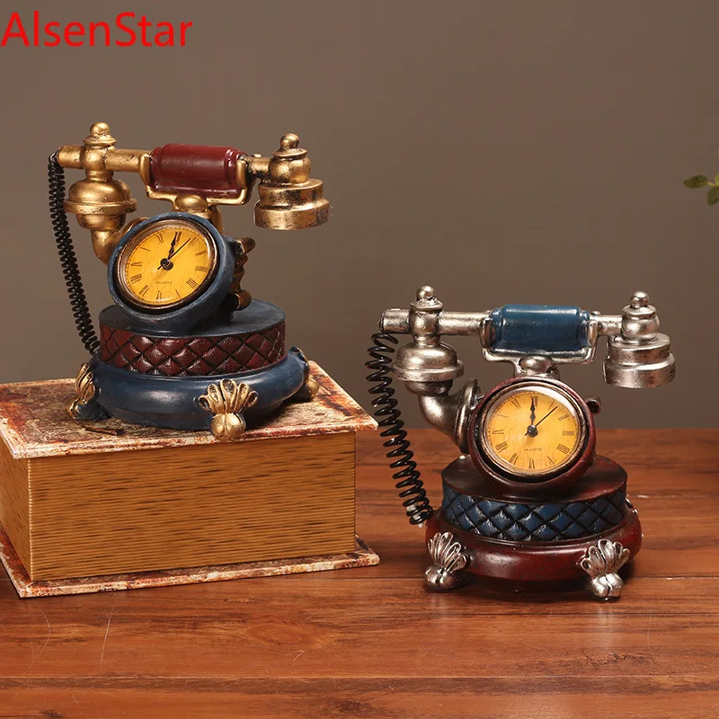 

Retro Telephone Models Clock Ornament Creativity Study Cafes Restaurant Resin Table Clock Ornaments Home Decorations