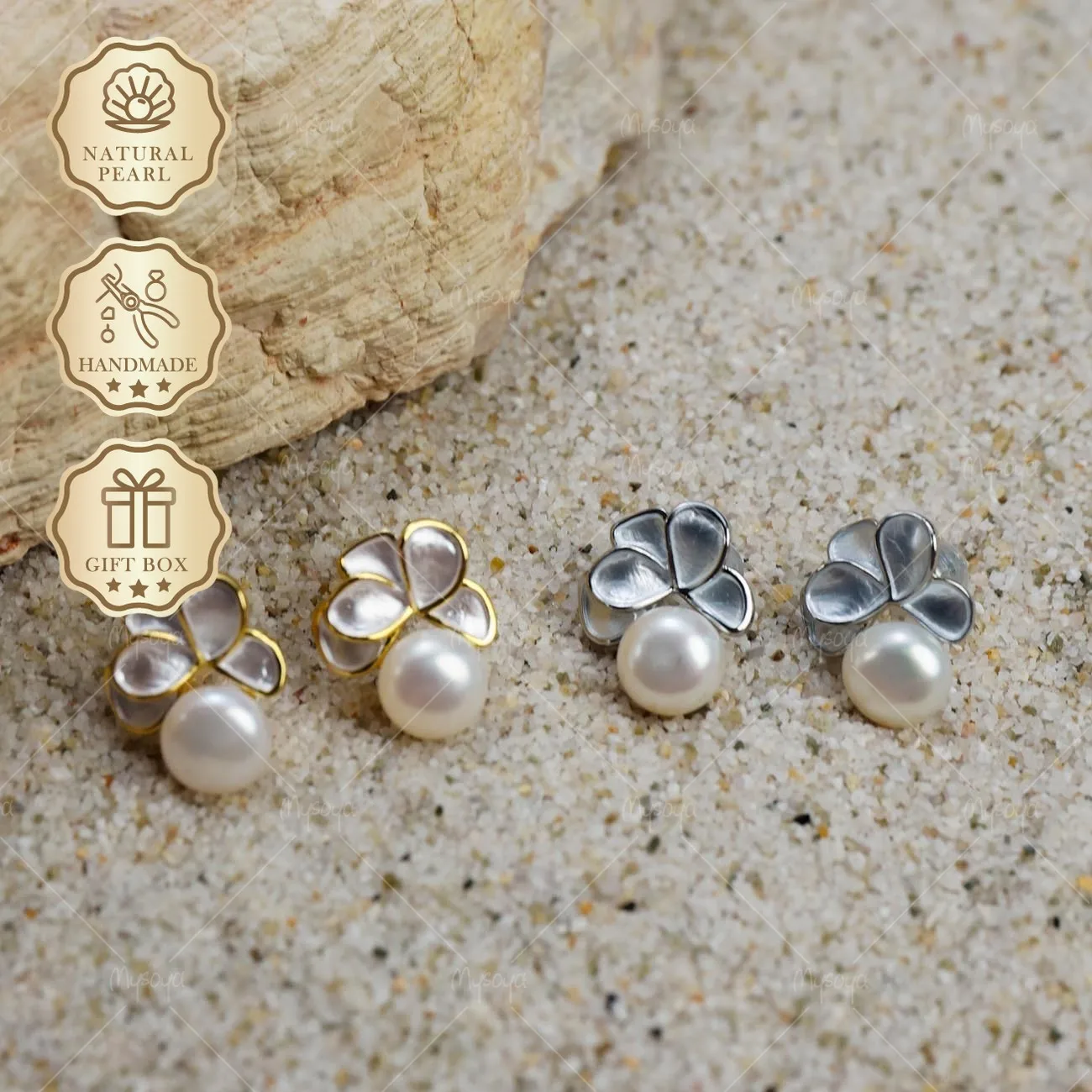 

Mysoya White Bread Freshwater Pearl Flower Stud Earrings 7-8mm Golden Silvery Gift Box Valentine's Day Birthday Gift For Her