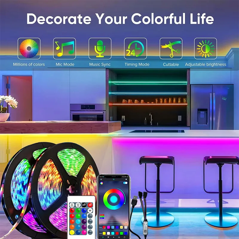 

1-30m USB 5V LED Strip Lights With Bluetooth 24Key Remote Control Flexible Ribbon Color Change RGB Lamp Tape For Home Decoration