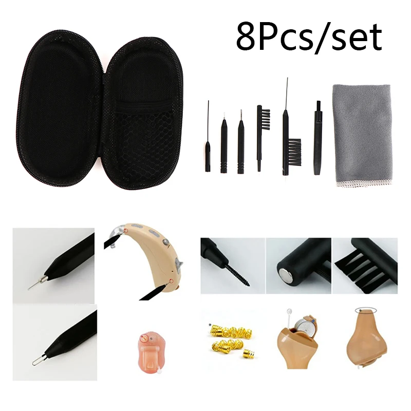 △ 8Pcs Hearing Aid Cleaning Kit Brush Vent Cleaner Wire Magne Wax Loop Tools Set
