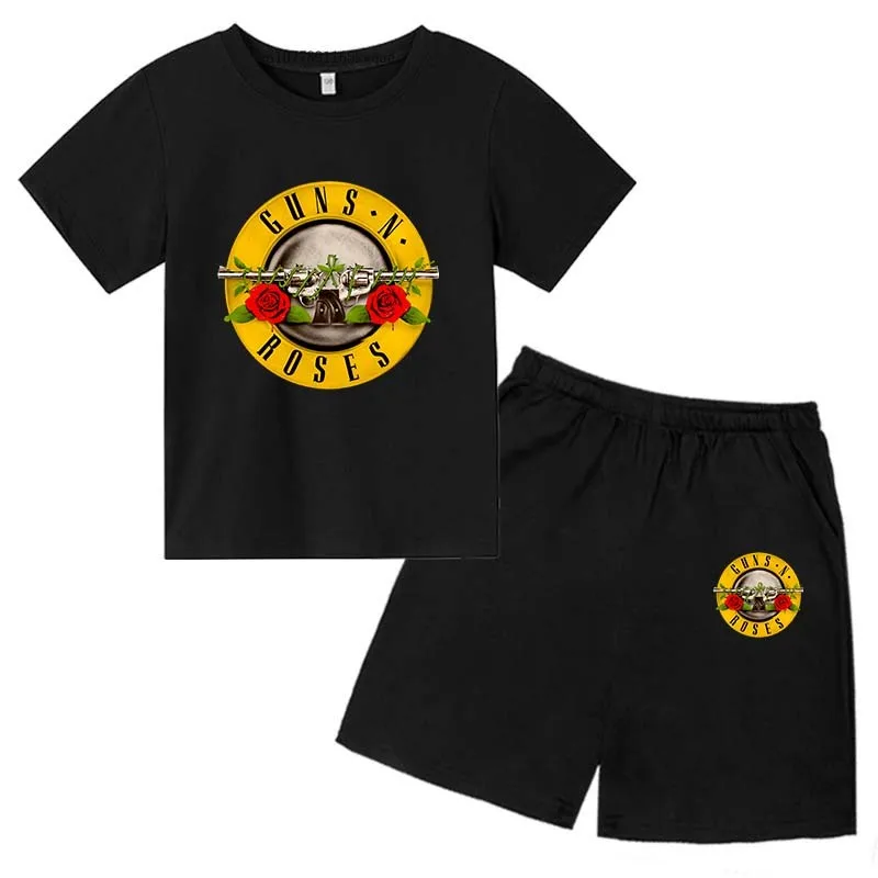 

Rock Metal Band Print Kids Summer Personalized Breathable Tees+Shorts 2pcs Suits 2-13 Years Boys Girls Streetwears Children Sets