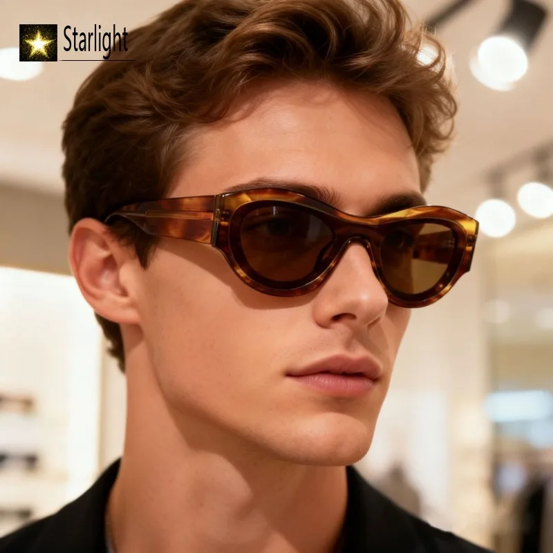 Thick Retro Acetate High-end Cat Eye Black-rimmed Sunglasses Men Polarized Personalized Wide-leg Frame Glasses Women UV400 Beach