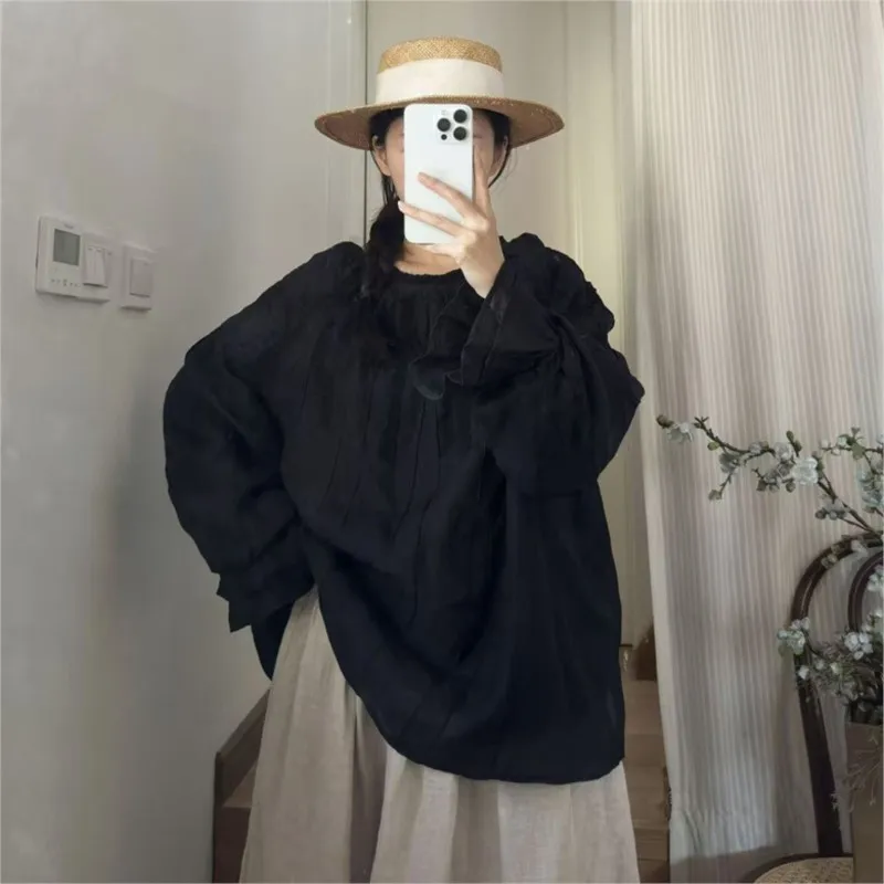 

Новая кружевная рубашка Johnature с внутренней подкладкой из рами, винтажная повседневная женская рубашка свободного кроя с двойными рюшами на манжетах