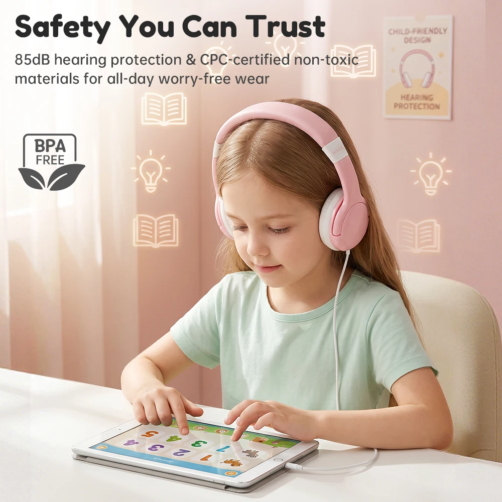 MINISO Kids Wired Headphones with 85dB Volume Limit Built-in Microphone Adjustable Headband Safe Audio Headset for Student Learn