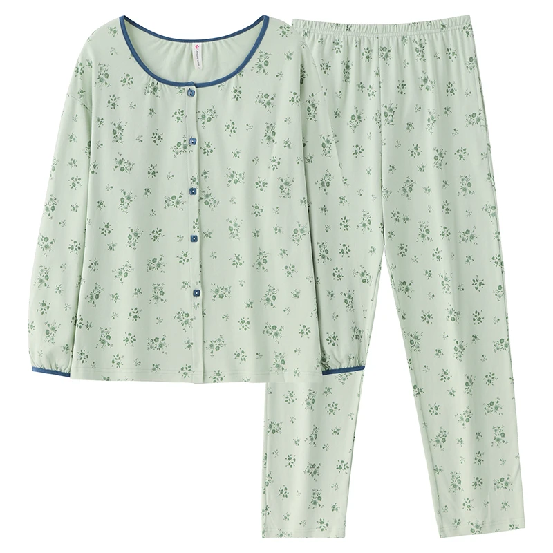 Ladies Full Cotton Pajamas Set Long Sleeve Pyjamas Female O-Neck Cardigan Pijamas Mujer Small Florals Sleepwear Home Wear Women