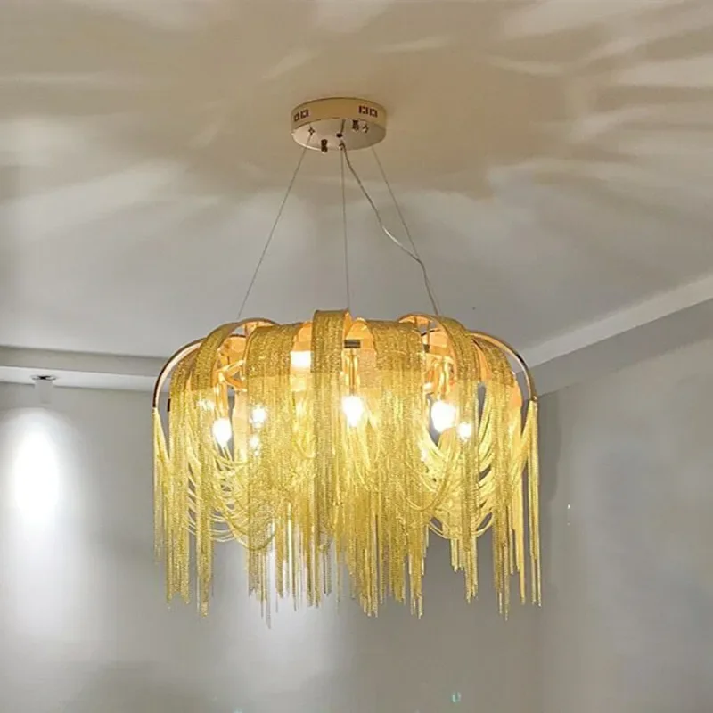 

Post modern luxury living room pendant light LED E14 aluminum tassel pendant light villa chrome gold home decor indoor lights