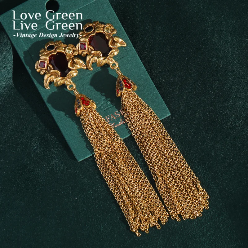 

Antique Red Stone Drop Earrings Gold Color Tassel Chain Women Long Indian Style Vintage Luxury Quality Jewelry 2025 New In Gift