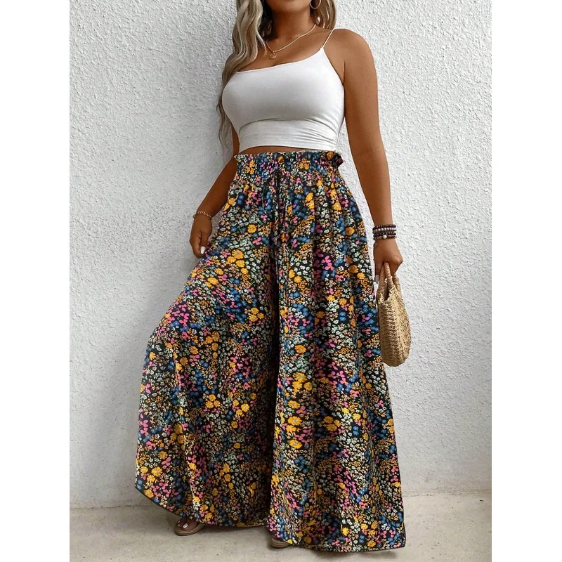 MOXDO Plus-size fashion casual lightweight comfortable beach vacation style printed plus-size cover-up pants，Suitable for seasid