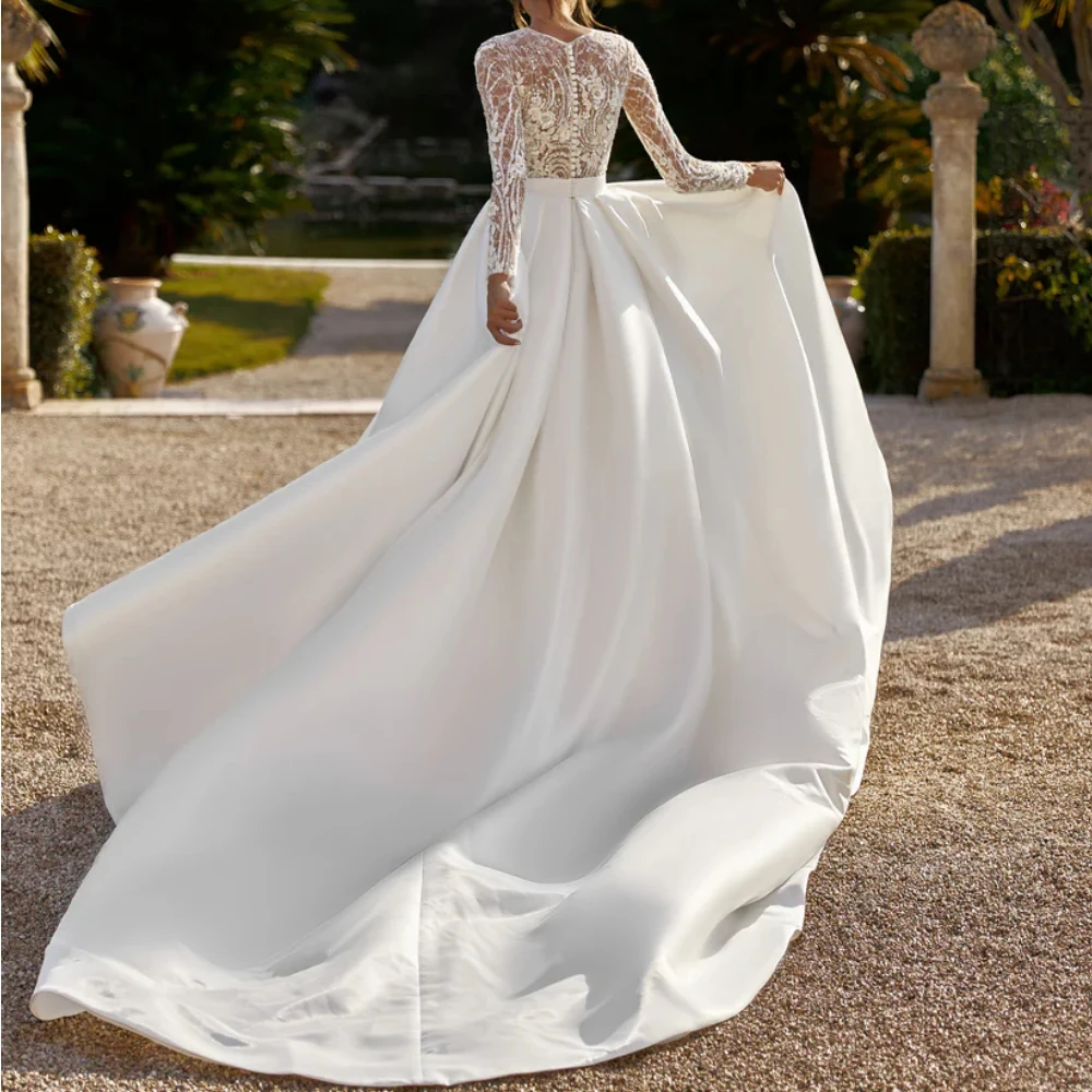 Exquisite Satin-Brautkleider für die Braut der Frau, O-Ausschnitt, lange Ärmel, Spitzenapplikationen, A-Linie, Sweep-Zug, Brautkleider nach Maß