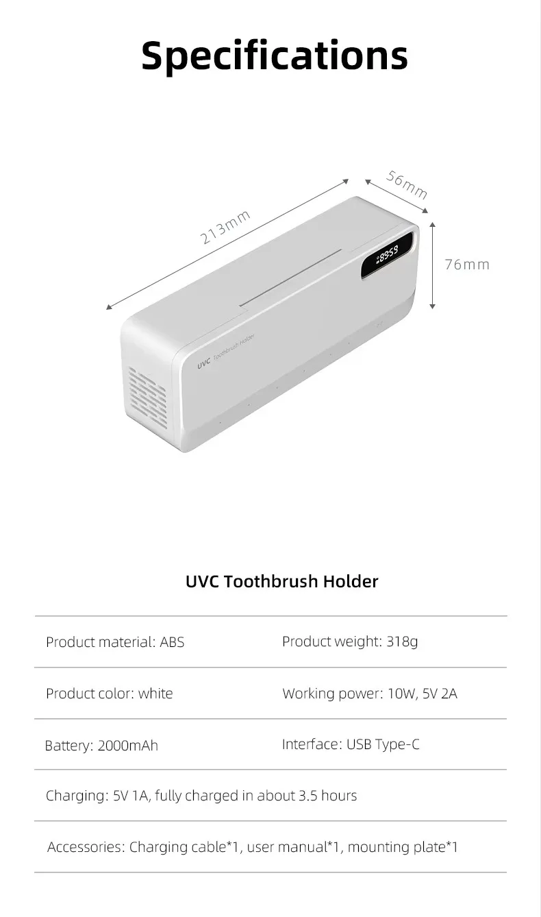 New UVC Toothbrush Sterilizer Rapid Warm Air Drying Rechargeable 2-in-1 Razor Toothbrush Storage Sterilizer Holder Wall-Mounted