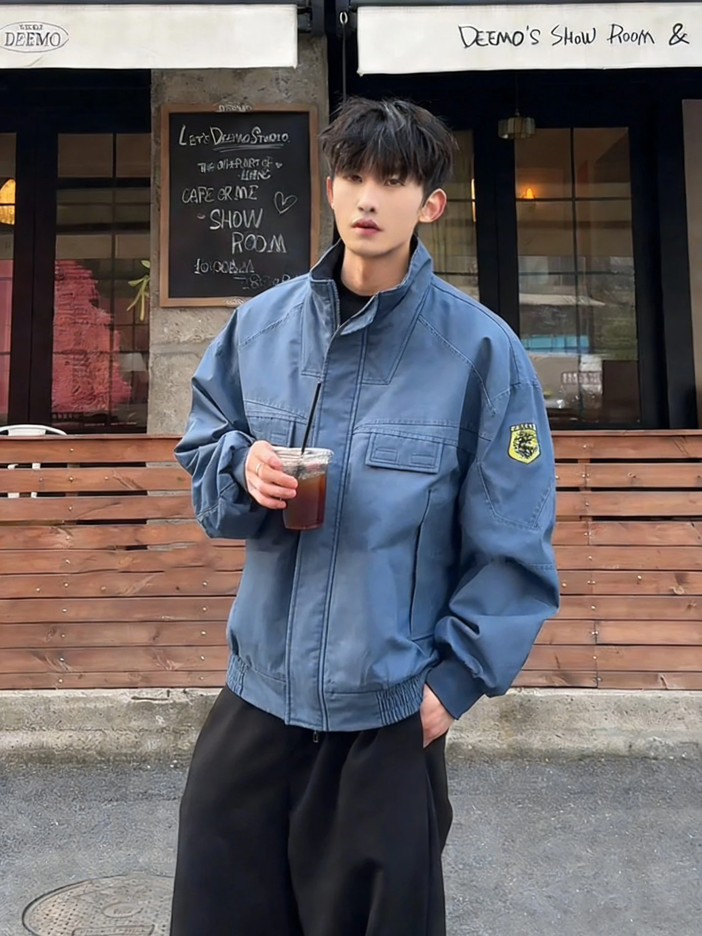 

Blue Waed Workwear Jaet Men's Spring Autumn ort Sle Stand Collar Baseball Pilot orm Loose Fit Youth Faion