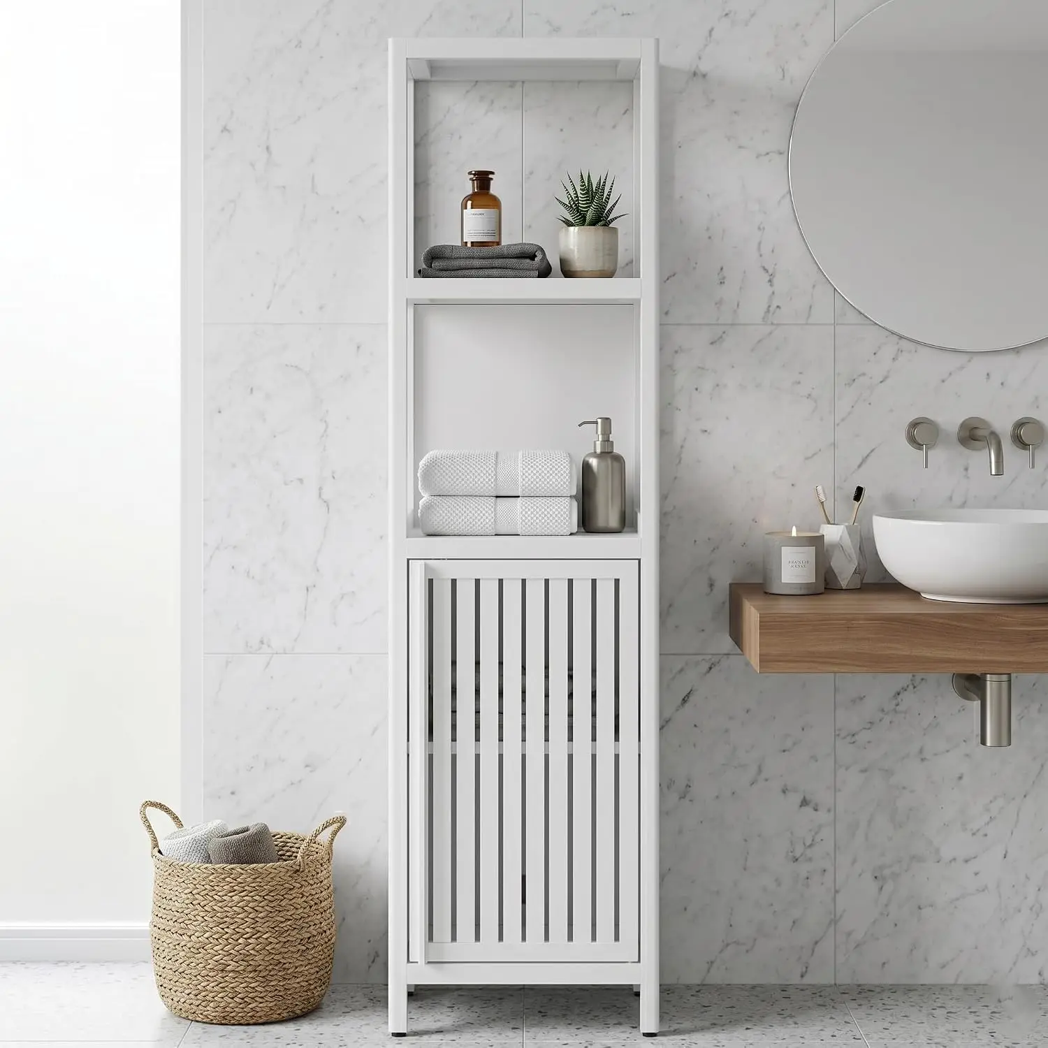 Tall Slim Bathroom Storage Cabinet Shutter Door 2 Shelves, Customized