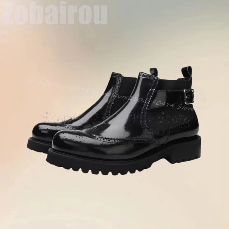 

Black Carving Design Buckle Decor Ankle Boots Fashion Slip On Men Boots Luxurious Handmade Party Banquet Office Men Dress Shoes