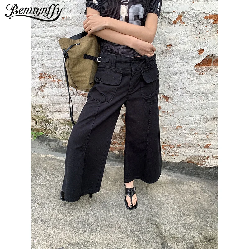 

Джинсы Benuynffy Streetwear с низкой талией и широкими штанинами для женщин, весна-лето 2026, новая корейская мода, повседневные укороченные брюки с карманами