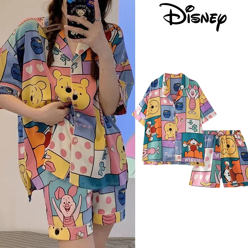 Disney Winnie Pajamas Summer Women Short Sleeve Shorts Pajamas Sleepwear Cartoon Cardigan Print Loose Casual Loungewear Set