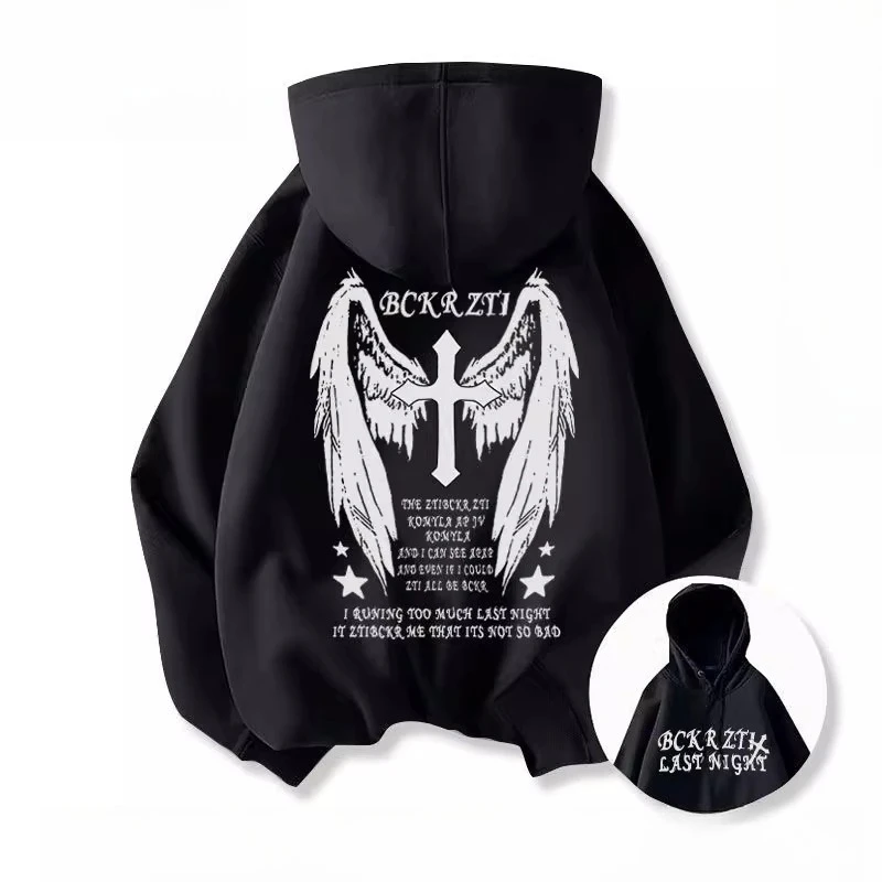 الجناح الصليب الظلام نمط الرجعية الرجال النساء طويلة الأكمام قمصان سويت شيرت بقلنسوة الخريف الشتاء اليومية في الهواء الطلق ملابس رياضية فضفاضة دافئة غير رسمية