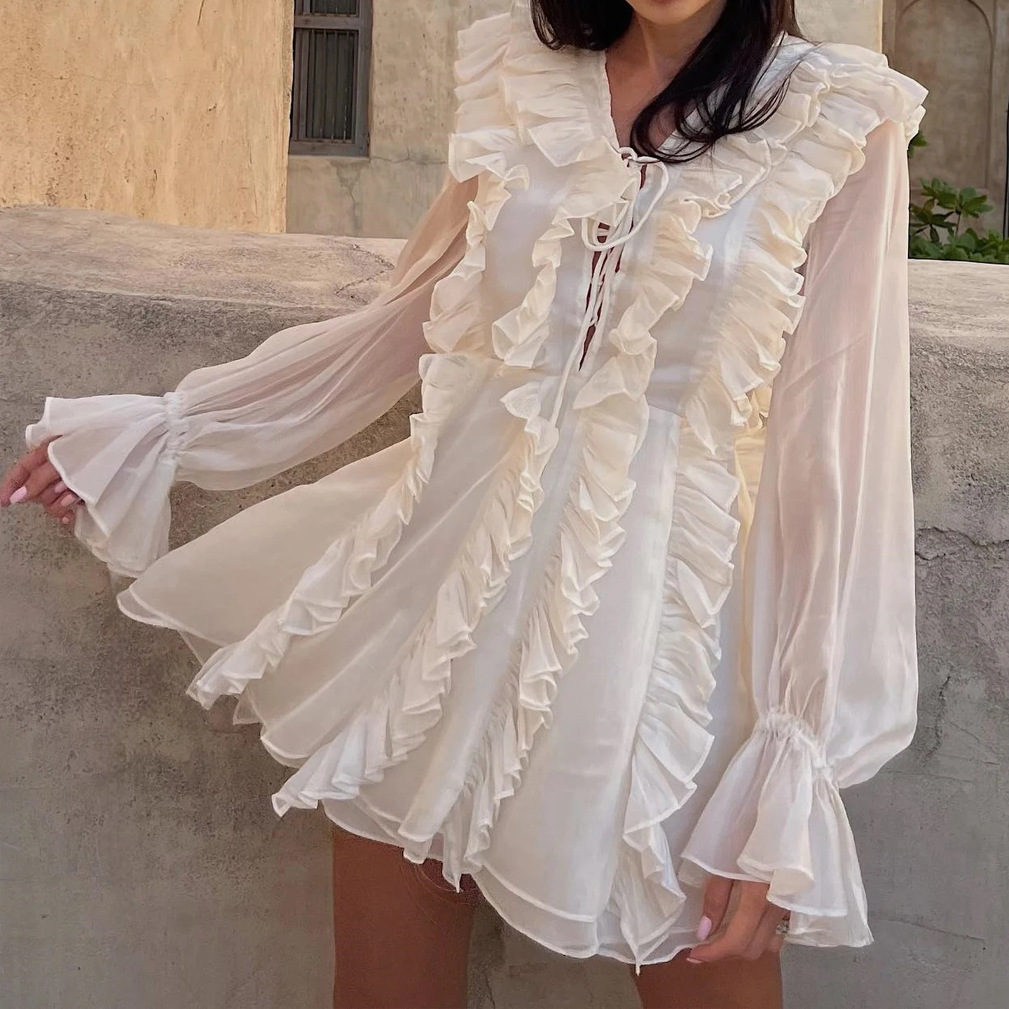 Vestido de Tule em Camadas com Estilo Doce e Barra com Babados, Manga Longa, Decote em V, Ajuste Solto, Moda Fena para o ...