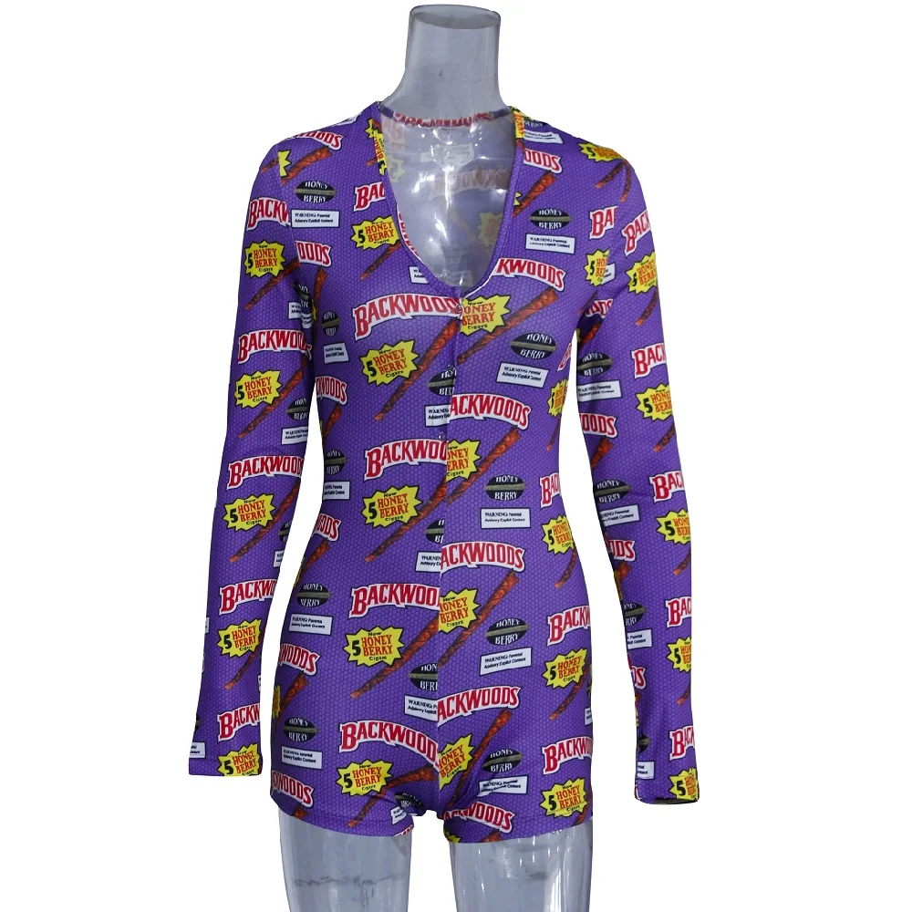 2XL Oversize Thanksgiving print Slim Button Short Pajama Sleepwear Jumpsuit For Women DZ002