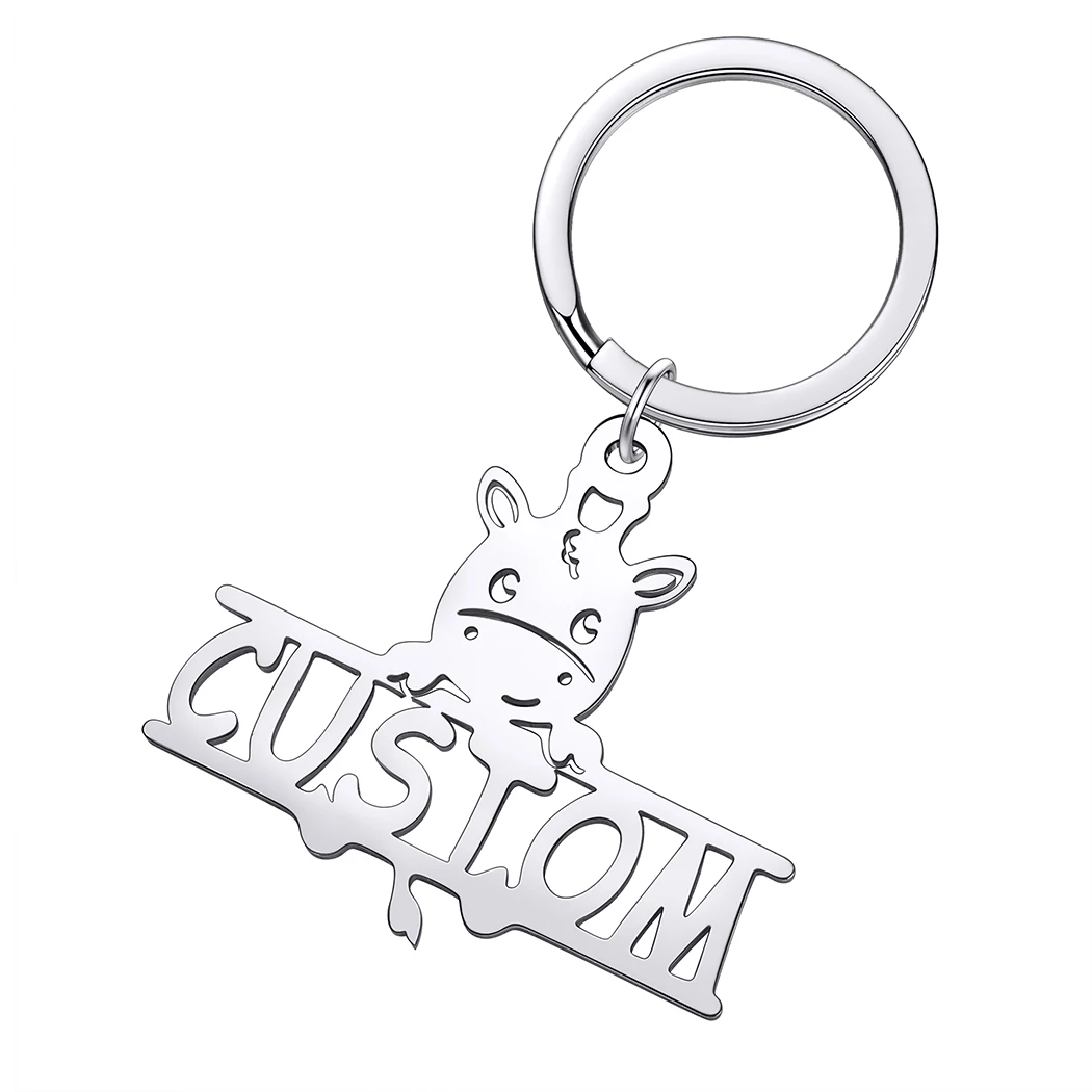 Gantungan Kunci Nama Hewan Personalisasi Baja Tahan Karat Hadiah Perhiasan Perak Cincin Kunci Liontin Sapi Kustom Pria Wanita