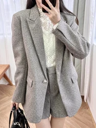 Autumn New Fashion Set Women Herringbone Diagonal Diamond Decoation Single Button Blazer Coat or High Waist Shorts Ladies Suit