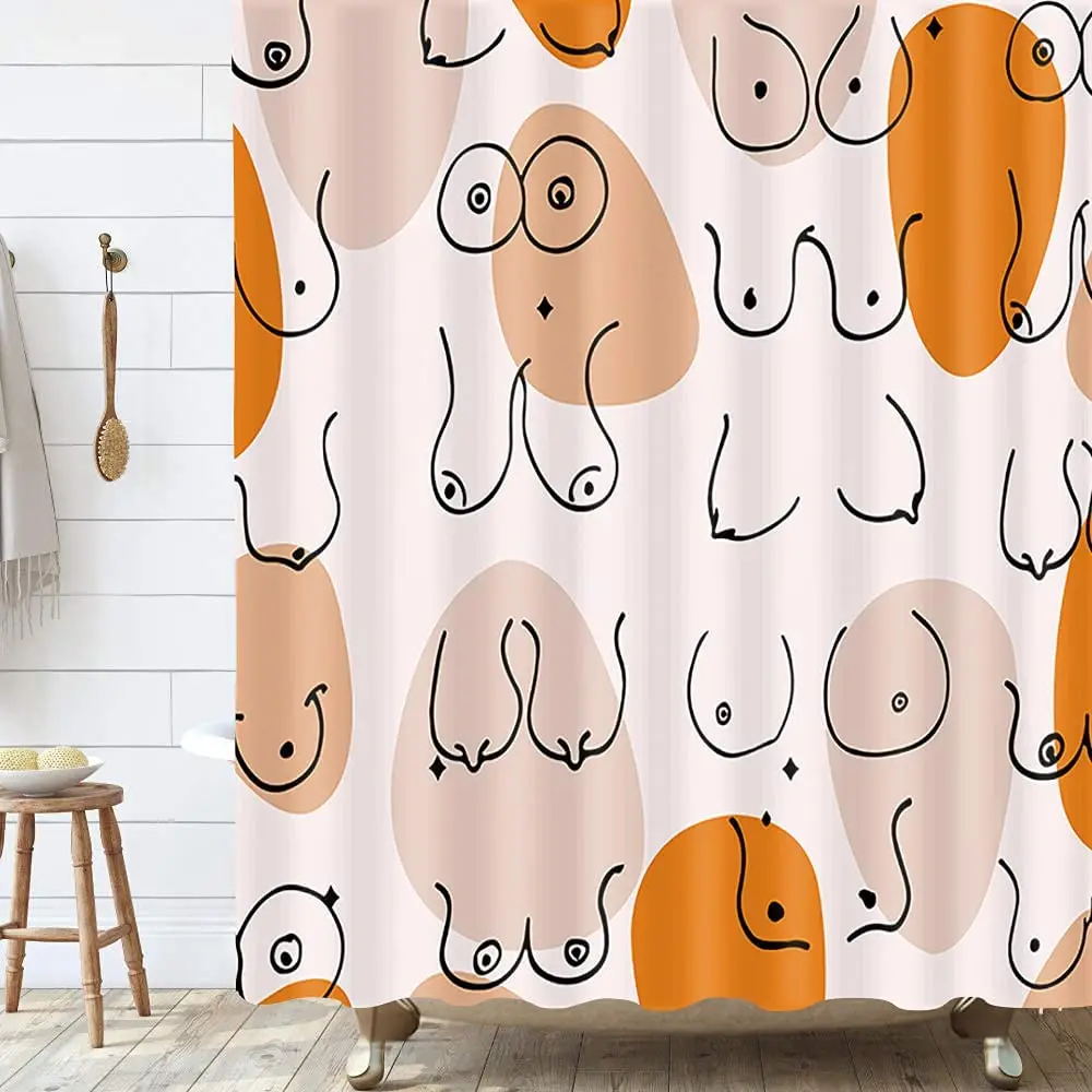 Funny Human Body Shower Curtain Bathroom Decor Girl Woman Breast Boob Bathroom Curtain Orange Pink Fabric Shower Curtain Sets