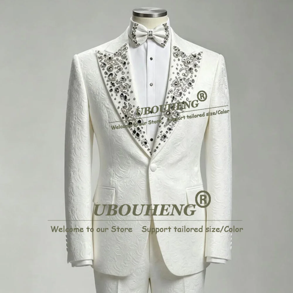 Customized Men Suits Groom 2 Pieces Crystal Peaked Lapel Rhinestone Blazer Jacquard Unique One Button Jacket Pants 2 Pieces Sets
