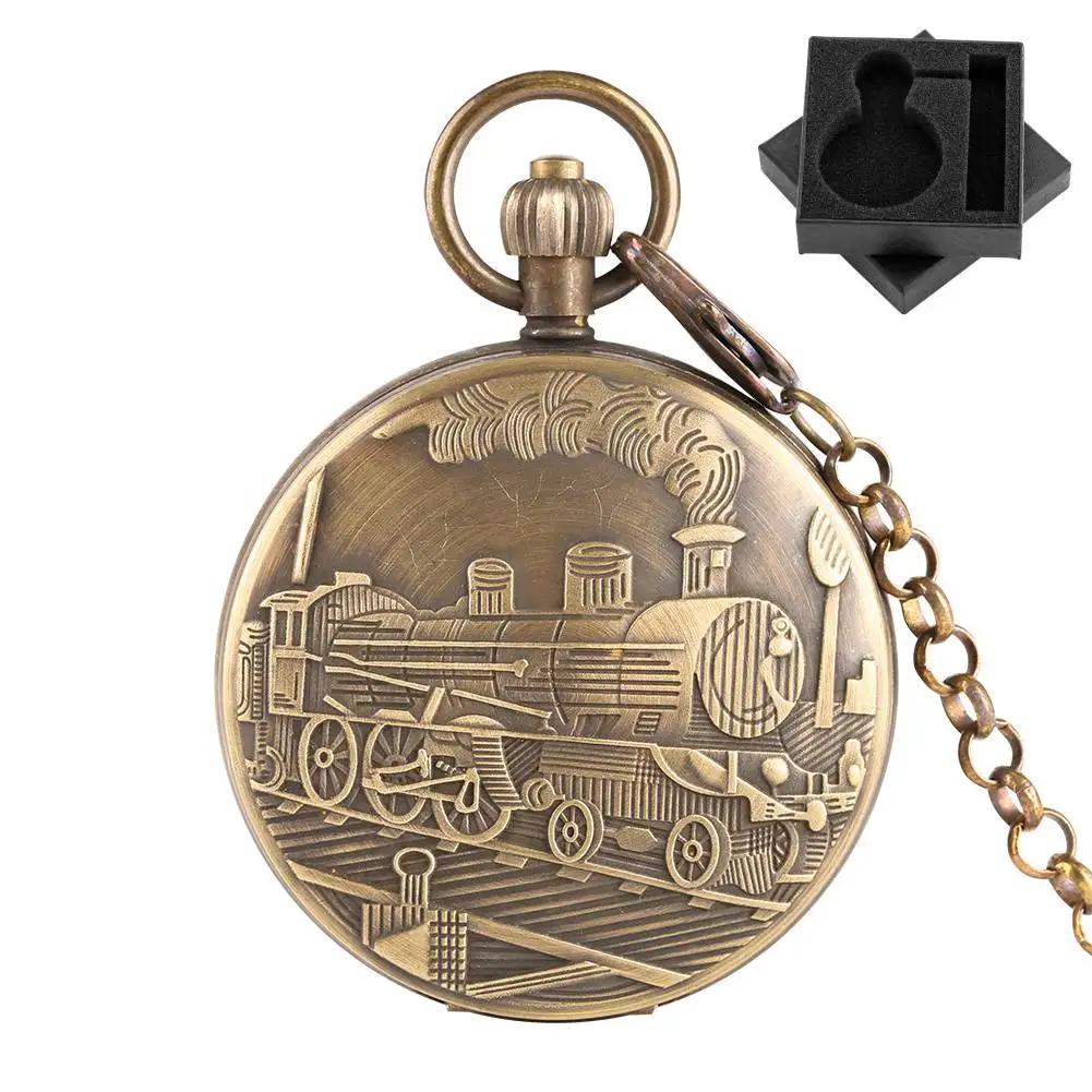Retro Steam Train Copper Automatic Mechanical Pocket Watch Small Seconds Dial Side-Read Roman Numerals Tourbillon Pendant Clock
