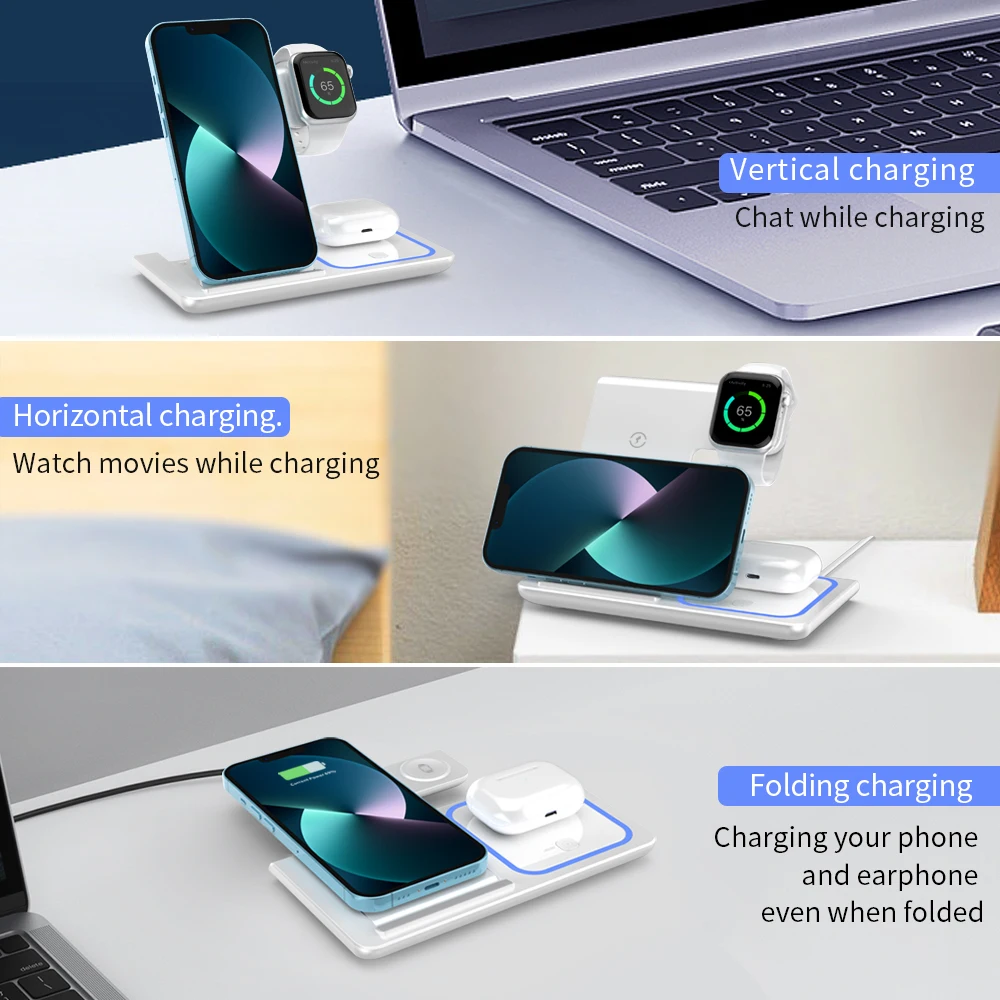 200W 3 in 1 Wireless Charger Stand Pad Foldable Fast Charging Station Dock For iPhone 16 15 14 13 12 11 X 8 Apple Watch Airpods - náhled 4