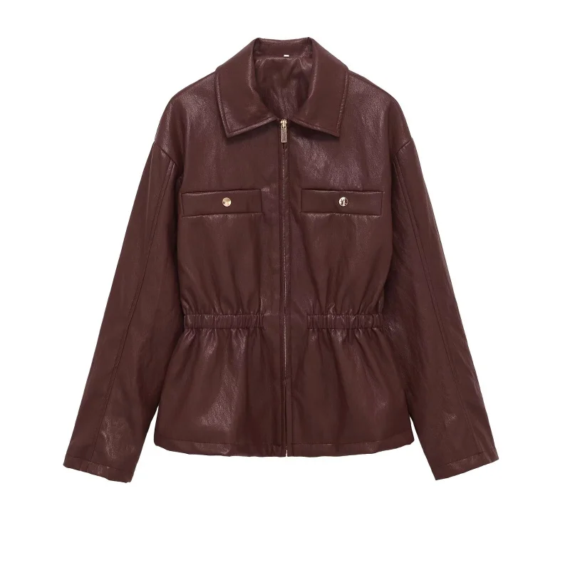 ETJ 2026 Spring new products women's long sleeve lapel imitation leather stretch waist casual jacket leather jacket