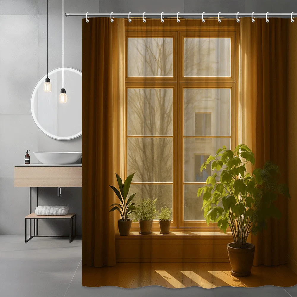 Waterproof Polyester Shower Curtain with Nature Window Print Bathroom Decor Curtain Modern Boho Farmhouse Style Liner for Master