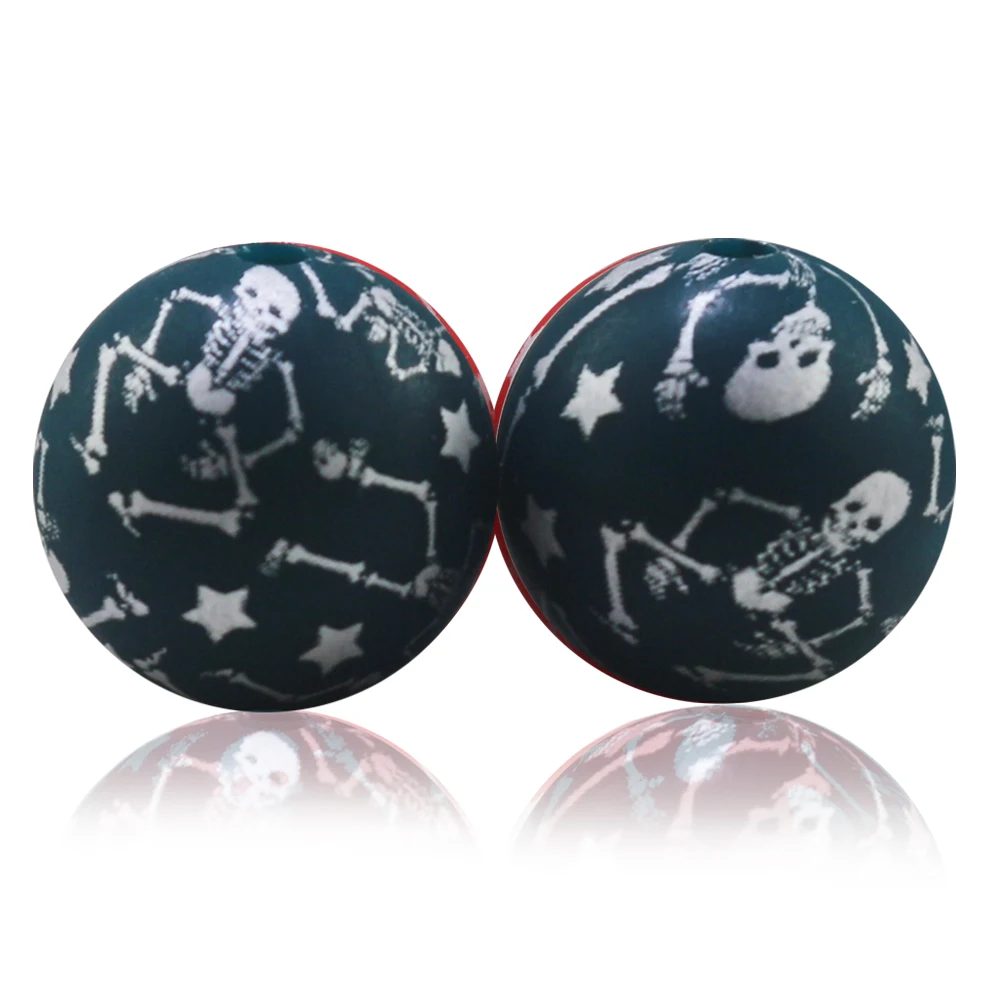 New Arrival 10Pcs Printed Silicone Beads 15MM Halloween Dacing Skeleton Skull Bone Star Pattern Silicon Focal Bead For Pens