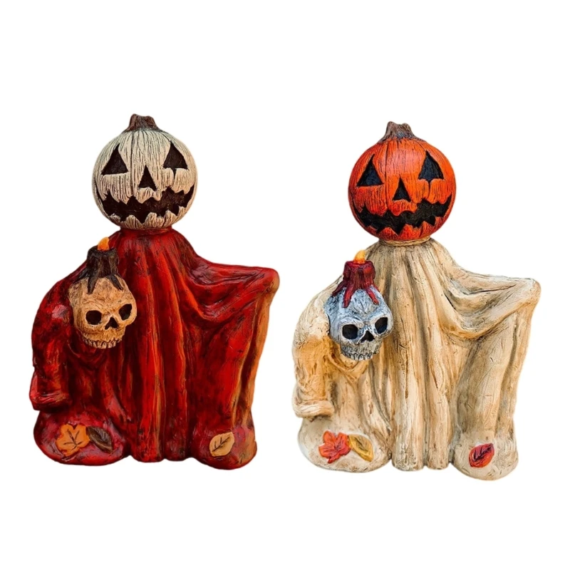 Horror Pumpkin Head Cloak Wizard Figurine Halloween Resins Statue Table Decors Ornament for Hauntingly Fun Home Accent