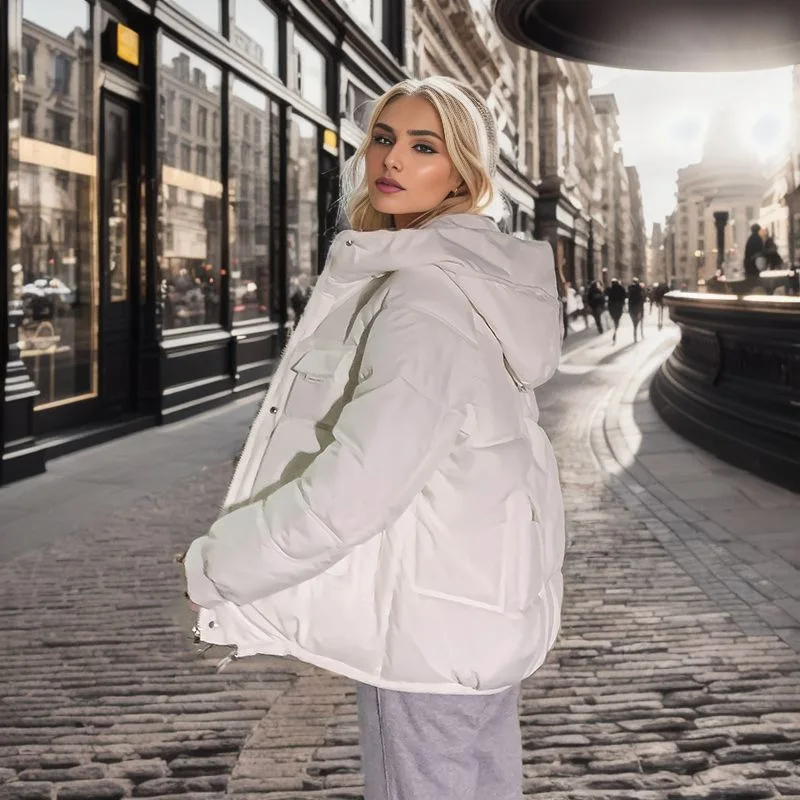 Jaqueta puffer de capuz extragrande feminina, Parkas de bolsos múltiplos, streetwear coreano, grossa e quente, outono e inverno, nova, 2023