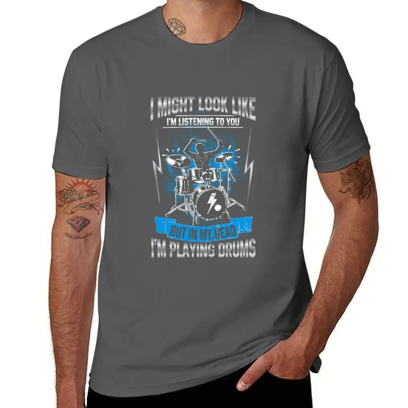 

New In My Head I'm Playing My Drums Funny Quote Drummer T-Shirt graphic t shirts Men's clothing