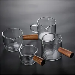 50/75/100ML Espresso Measuring Cup with Wooden Handle Double/Single Spouts Clear Coffee Shot Glass Heat Resistant Retro Milk Jug