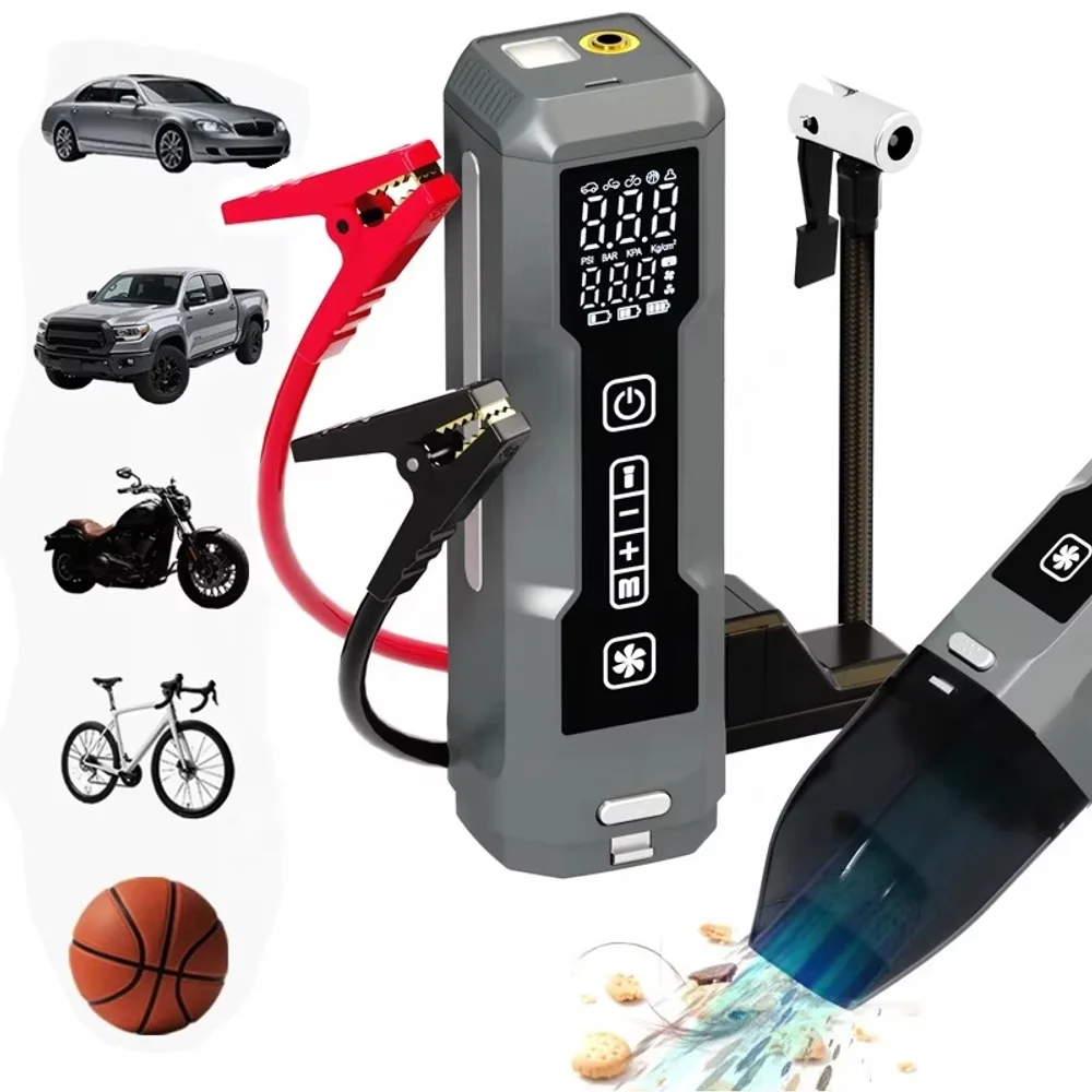 5 in 1 Portable Car Jump Starter Car Battery Booster Wireless Vacuum Cleaner Tire Air Pump Power Bank with Emergency Lighting