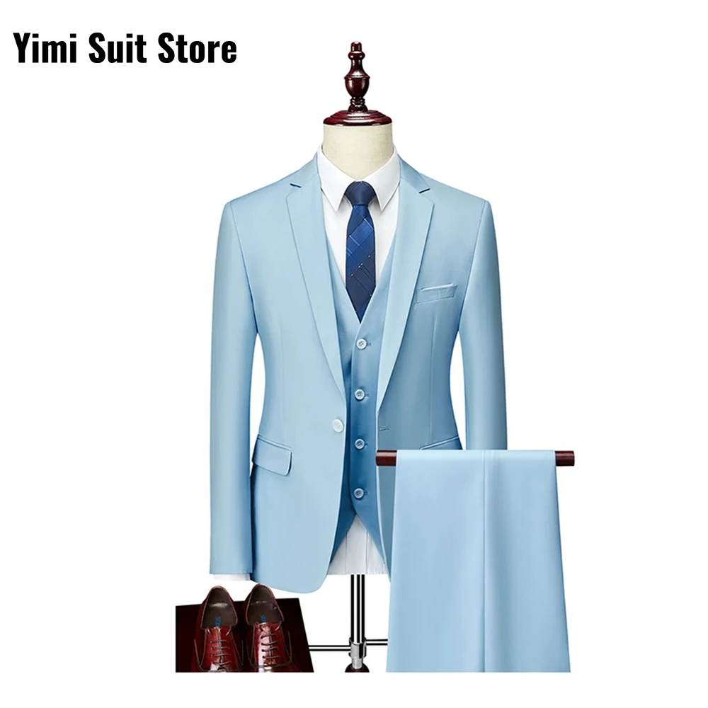 

High Quality Light Blue Men's Suit 3 Pieces Single Breasted Slim Fit Formal Wedding Groom Tuxed Business Blazer Vest Pants Set