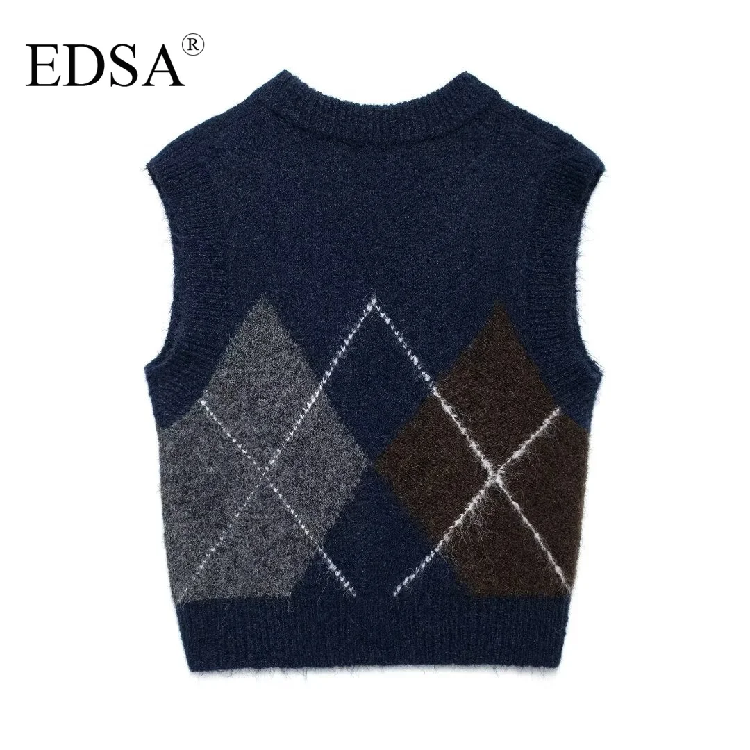 EDSA Women Diamond KNit Tank Top for Female Sleeveless V-Neck Pullover Casual Girls Autumn Sweater Blouse